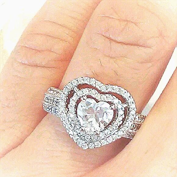 NEW Heart Ring Size 8 Silver 925 Simulated Diamonds Love Heart Wide Band Layered - Picture 4 of 14